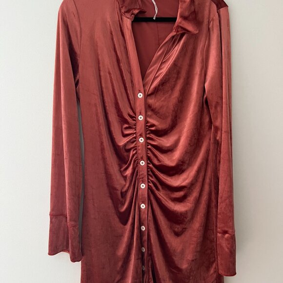 Free People Shayla Burnt Orange Velvet Mini Dress Terracotta Size L - Picture 3 of 5